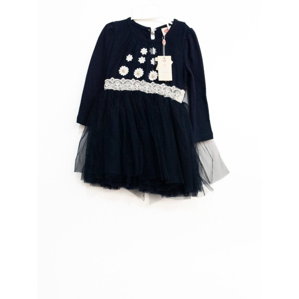 YY Girls Navy Blue White Cotton Tutu Dress Floral Lace Round Neck Long Sleeve 5